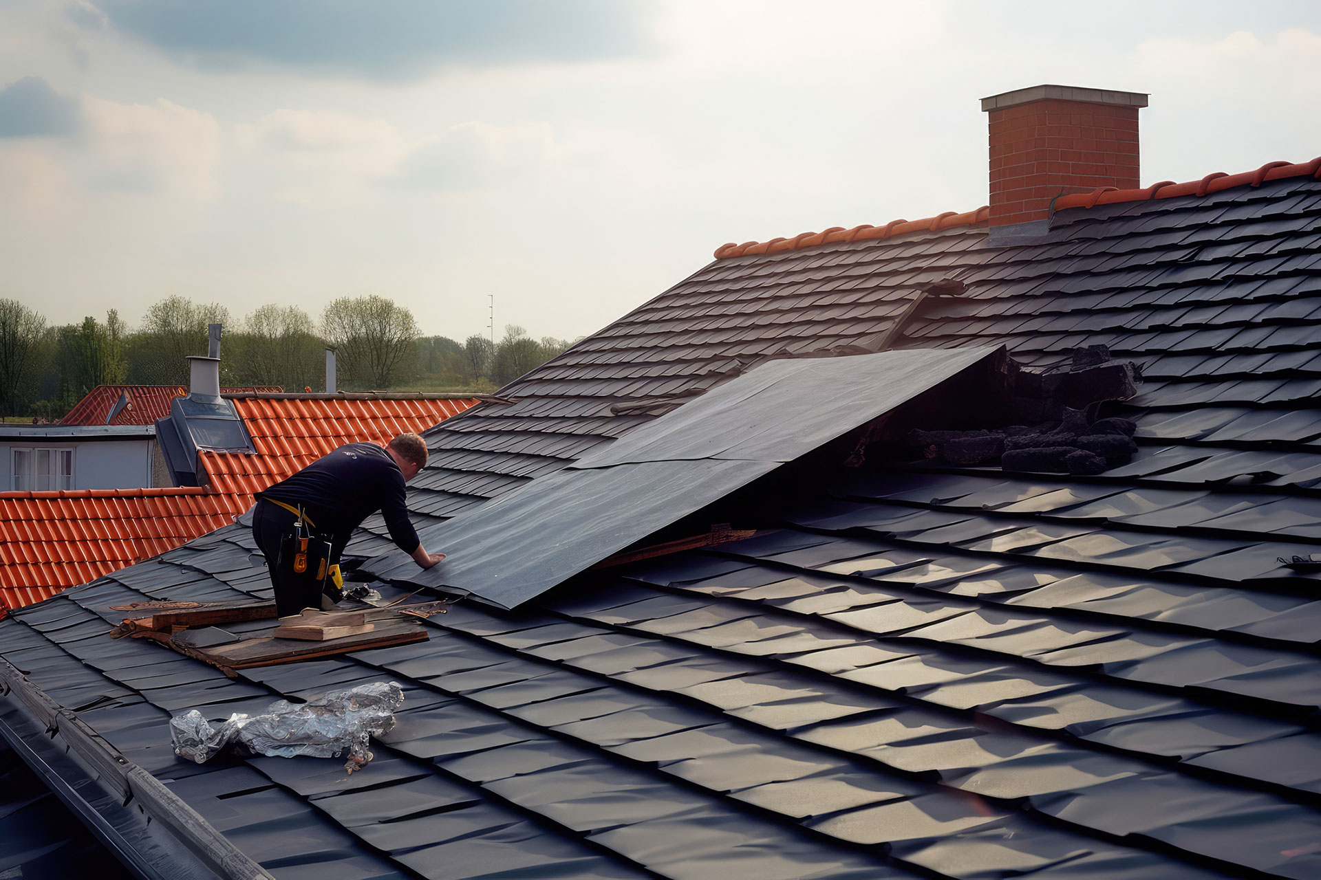 Worker repairing a slate roof. Creative roofing fast Roof Repair