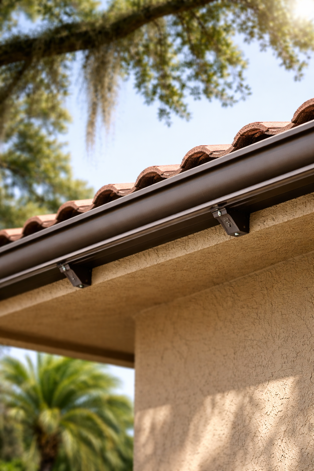 Seamless gutters Citrus County installed on single-story home with trees in background