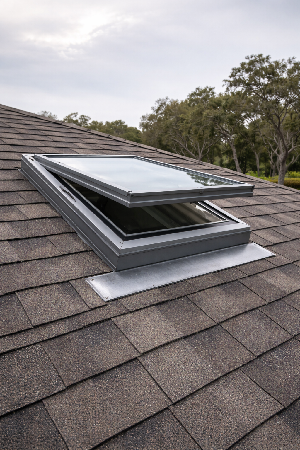 skylight repair in Homosassa FL exterior view of vented skylight with step flashing on shingle roof